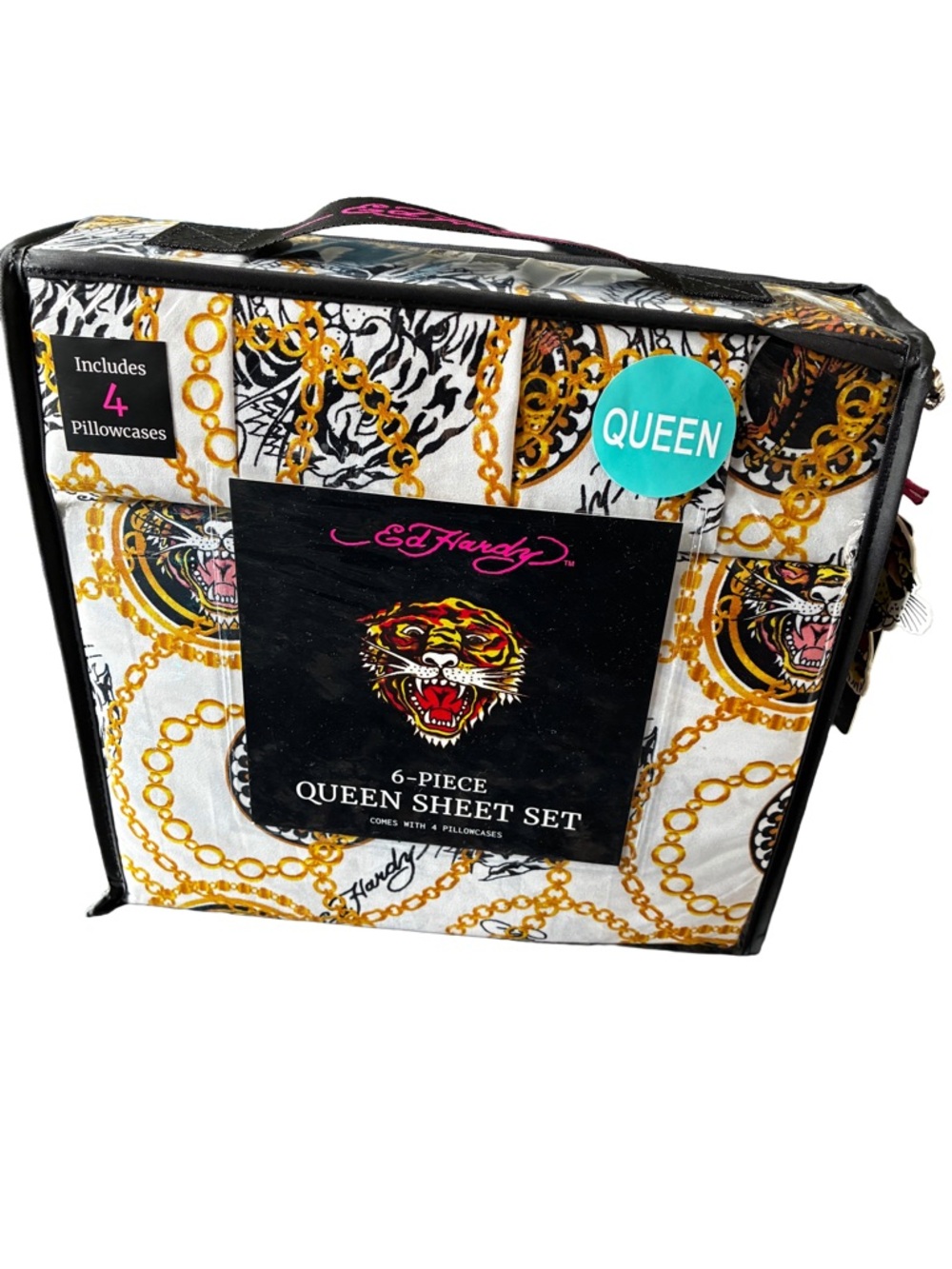 NWT Ed Hardy Queen 6 Pc Sheet Set Tiger Skull Gold Chain Print